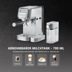 CASO Espresso Gourmet Latte - Rezultatul testului Very Good, aparat portafiltru cu recipient de lapte integrat, pompa ULKA de 20 bari, placa de incalzire a cestilor, 1 sau 2 cani, argintiu, otel inoxidabil - Img 3