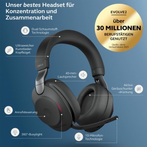Casti audio Jabra Evolve2 85, wireless, cu microfon, noise cancelling, negru - Img 2