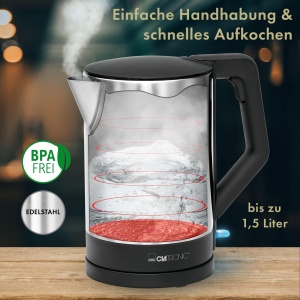 Ceainic Clatronic(r) | Capacitate de 1,5 litri | Capac cu balamale de siguranta | Putere 2200 W | element de incalzire ascuns | oprire automata | Statie de baza cu bobina | WKS 3692 negru/inox - Img 3