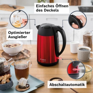 Ceainic fara fir Bosch DesignLine TWK3P424 Ceainic fara fir DesignLine, turnare fara stropire, indicator ceasca, indicator nivel apa, protectie la supraincalzire, 1,7 L, 2400 W, rosu - Img 2