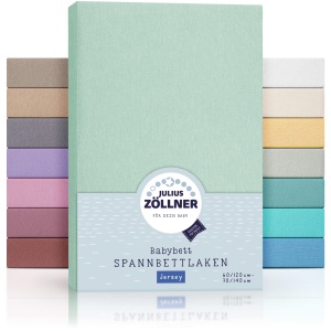 Cearsaf din jerse Julius Zollner pentru pat pentru bebelusi si copii, 100% bumbac jerse, certificat OEKO-TEX Standard 100, dimensiune: 60x120cm / 70x140cm, 1 pachet, salvie