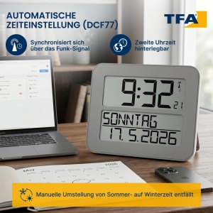 Ceas de perete digital TFA Dostmann Timeline Max, cu alarma, argintiu - Img 4