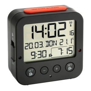 Ceas desteptator digital TFA Dostmann Bingo, negrurosu, cu 2 alarme si afisaj temperatura