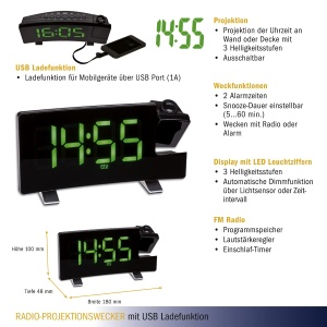Ceas desteptator TFA Dostmann 60.5015.04 cu Proiectie, Radio FM, 2 Alarme, Negru - Img 5
