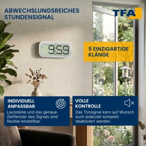 Ceas digital de perete TFA Dostmann 60.4514.02, cu 5 sunete, alb - Img 2