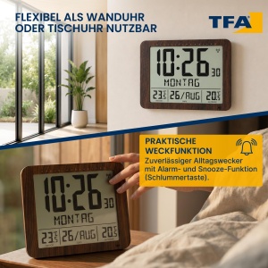 Ceas digital TFA Dostmann 60.4518.08, cu design lemnos, afisaj mare, termometru interior si exterior - Img 5