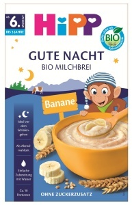 Cereale pentru bebelusi HiPP Bio Gute-Nacht Grie Banane, 4 x 475g, fara zahar adaugat