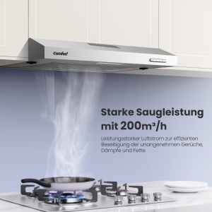 COMFEE CHU 36F17BS 60cm hote sub montaj Baza hota cu otel inoxidabil filtru detasabil din aluminiu flux de aer de 200 m3h 2 niveluri 1 lumina LED inox - Img 3