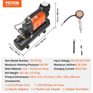 Compresor auto VEVOR YD-127-6L 12V cu rezervor 6L presiune 150 PSI debit 635 CFM - Img 7