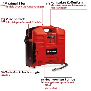Compresor portabil Einhell TE-AC 368 Li OF Set-Solo 36V 8 bar pompa fara ulei - Img 3