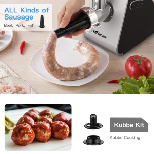 COOCHEER Masina de tocat carne electrica 5 in 1 Multi Robot de bucatarie Masina de carnati pentru tocator de carne din otel inoxidabil cu 3 discuri perforate, 4 lame conice, umplutura de carnati si atasament de patiserie pentru casa - Img 5