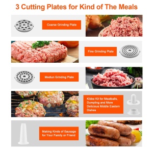 COOCHEER Masina de tocat carne electrica, masina de tocat carne de 2000W cu 3 discuri perforate, carnati si atasamente Kibbe pentru carne de bucatarie acasa, mancare pentru bebelusi - Img 4