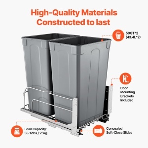 Cos de gunoi retractabil VEVOR 50 Qt x2, cu sistem Soft-Close, gri - Img 3