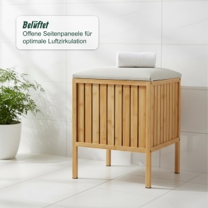 Cos de rufe Relaxdays, 52 l, bambus, scaun cu capac moale, naturalcrem - Img 3