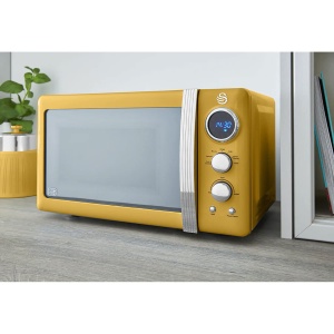Cuptor cu microunde digital Swan Retro SM22030YELNEU 20L, 5 niveluri de putere, functie de dezghetare, temporizator de 60 de minute, usa cu efect de oglinda, placa turnanta de 27cm, design vintage, galben, 800W - Img 3