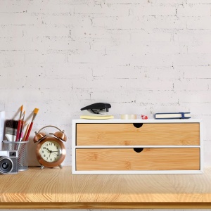 Cutie de depozitare Relaxdays, Bambus si MDF, 2 sertare, 14x33x21 cm, albnatural - Img 2