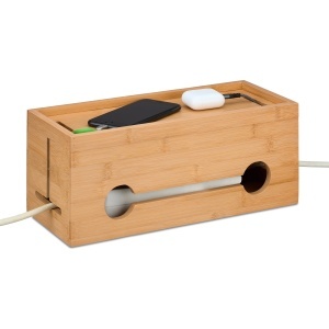 Cutie pentru cabluri Relaxdays, bambus, 2 prize, 14 x 34,5 x 14 cm