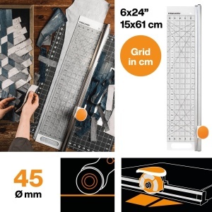 Cutter rotativ Fiskars 45 mm cu rigla 15 x 60 cm, ideal pentru tesaturi si hartie - Img 2