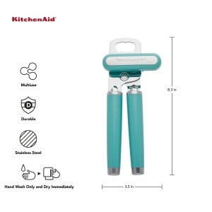 Deschizator de conserve si deschizator de sticle multifunctional KitchenAid Classic, usor de utilizat, roata de taiat din otel inoxidabil ascutita, manere ergonomice moi, Aqua Sky - Img 3