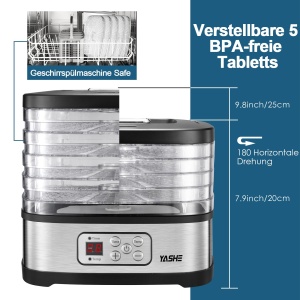 Deshidratator YASHE GGJ-261B cu afisaj LED, control al temperaturii 35-70degC si cronometru de 72 de ore, 5 tavi reglabile pe inaltime, deshidrator de fructe si legume, 240 wati, fara BPA - Img 4