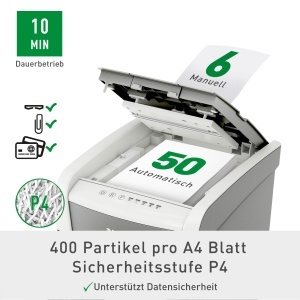 Distrugator de documente Leitz IQ Autofeed 80350000 50 coli P4 20L alb operare silentioasa - Img 3