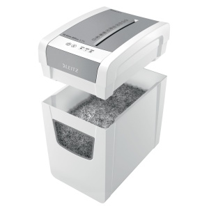Distrugator de documente Leitz IQ Slim Office S P4 Alb Capacitate 12-14 coli Particule 4x28 mm 23L - Img 3
