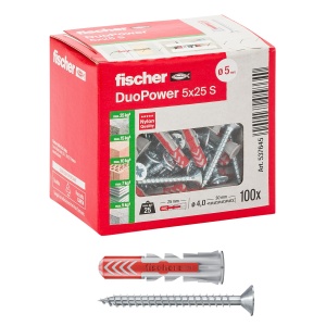 Dubluri cu surub Fischer DuoPower 5 x 25 mm, 100 bucati, pentru zidarie si gips-carton