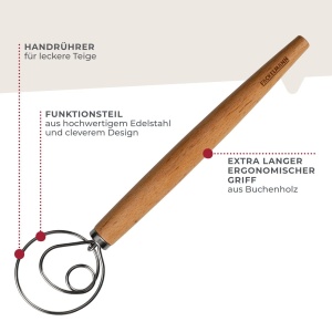 Fackelmann Agitator de aluat pentru paste, focaccia si aluat - Tel pentru aluat aerisit - Tel danez cu maner ergonomic din lemn de, argintiu/maro - Img 3