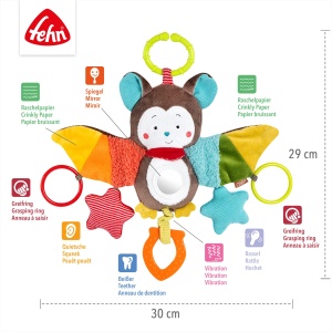 Fehn Activity Play Animal Bat - Jucarie de abilitati motorii pentru carucior, patut si scaun auto pentru copii pentru musca, apucare si sunete - Jucarie de dentitie pentru bebelusi si copii de la 0+ luni - Img 3