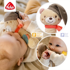 Fehn Stick Gripping Toy Bear - jucarie pentru abilitati motorii pentru bebelusi pentru a promova abilitatile motorii si simturile - jucarie ideala pentru bebelusi ca o jucarie draguta de plus cu zornaitor si scartait - cadou pentru nastere de la 0+ luni - Img 4