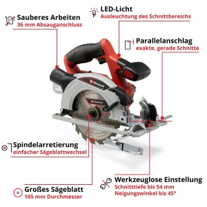 Ferastrau circular cu acumulator Einhell TE-CS 18/165-1 Li-Solo Power X-Change (panza de ferastrau 18 V, Li-Ion, O165 x O20 mm, reglare fara unelte la adancimea de taiere + unghi de inclinare, fara baterie si incarcator) - Img 3
