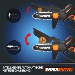 Ferastrau cu lant fara fir WORX WG325E.9 Nitro Professional Mini 20V - ferastrau de taiere cu o singura mana - motor puternic fara perii - lungime lama de 12 cm - usor si compact - lubrifiere automata a lantului - fara baterie si incarcator - Img 3