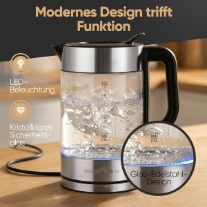 Fierbator de apa ProfiCook PC WKS 1322, 1.7L, 2200W, sticla si otel inoxidabil - Img 3
