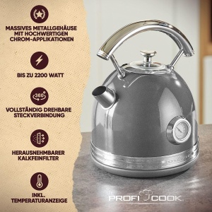 Fierbator ProfiCook(r) 1.7L cu design vintage elegant - Ceainic retro cu carcasa metalica solida si aplicatii cromate - Ceainic cu afisaj de temperatura, 2200W - PC WKS 1192 antracit - Img 2