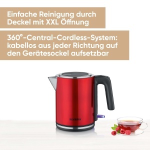Fierbator SEVERIN 1 L, ceainic electric, filtru de calcar, deschidere XXL, puternic si compact, 100% fara BPA, 2.400 W, otel inoxidabil, rosu, WK 3427 - Img 2