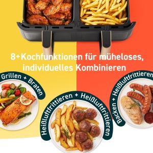 Friteuza cu aer cald COSORI 2 camere, castigatorul testului Stiftung Warentest, friteuza cu aer cu doua zone 6-in-1 8.5 L, camera dubla cu fereastra de vizualizare pentru masa completa, auriu - Img 3