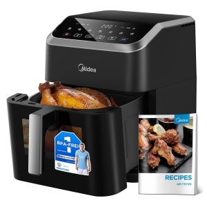 Friteuza cu aer Midea cu capacitate de 7 litri, tehnologie HeatXpress cu 90% mai putin ulei, energie si economie de timp cu 7 presetari, fereastra si lumina usor de vizualizat, antiaderent, negru