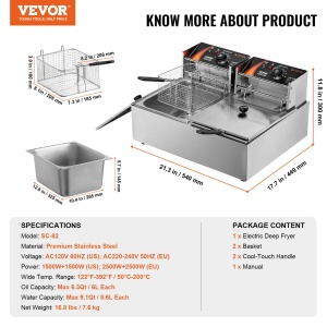 Friteuza Electrica VEVOR 24L 3000W Dubla Inox Control Termostatic - Img 7