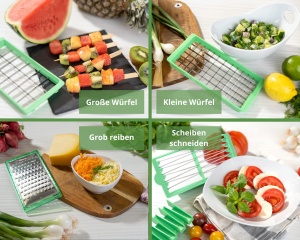 Genius Nicer Dicer Feliator de legume exclusiv 15 bucati Taietor de zaruri + Set de feliator de rosii 4 insertii + razatoare grosiera si feliator + recipient de colectare 2500 ml, verde - Img 7