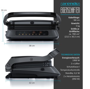 Grill de Contact Arendo 1900W cu Control Digital, 7 Programe, Culoare Gri - Img 4