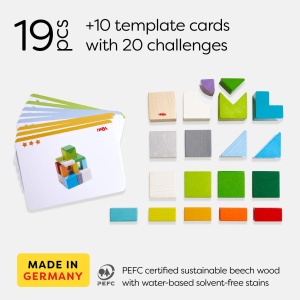 HABA 305463-3D-Tile-Game Mix de zaruri jucarii din lemn pentru asezare si stivuire 19 blocuri de constructie din lemn 10 carduri sablon de construit j - Img 6