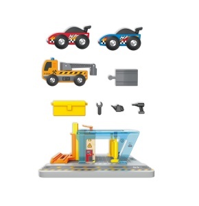 Hape Reparatur si Statie de Spalare Auto cu Platforma Ridicabila si Masina de Remorcare Compatibila cu Seturi de Tren - Img 6