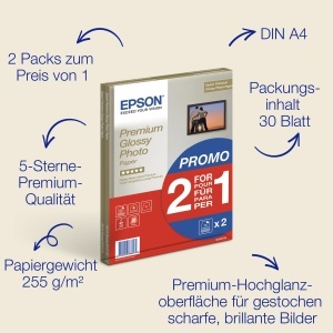 Hartie foto glossy A4 Epson 255 gm2, 30 coli, 2 pachete - Img 2