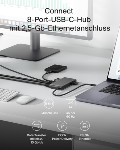 Hub USB-C Belkin Connect 8-in-1, 4K 60Hz, 100W PD, 2.5Gb Ethernet, Gri - Img 2