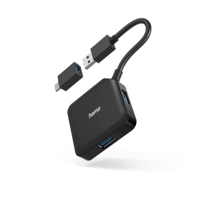 Hub USB Hama 4-Port 3.2 Gen1, 4 in 1, Negru, 5 Gbits