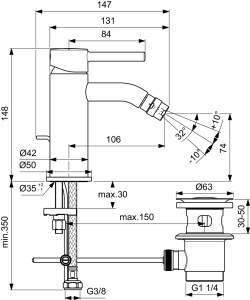 Ideal Standard BC197AA Robinet pentru bideu Ceraline cu set de scurgere cu buton de tragere - Img 7