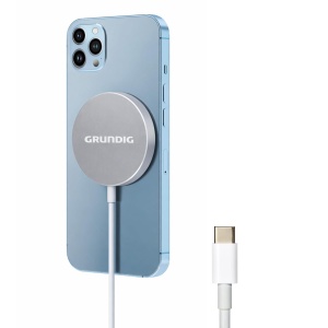 Incarcator wireless Grundig 15W, design magnetic, USB Type-C, argintiu