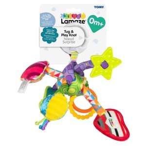 Jucarie pentru bebelusi Lamaze Tug and Play Knot cu clip stimulare senzoriala si motorie