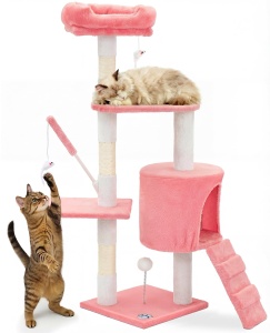 Kratzbaum pentru pisici VOUNOT 112 cm, roz, multifunctional si stabil