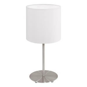 Lampa de masa EGLO Pasteri, 40 cm, abajur textil alb, baza nichel mat, E27